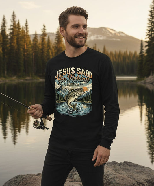 JESUS SAID Go Fishing LUKE 5 4 Retro Christian Long Sleeve Tee - lifestyle model mockup - Black