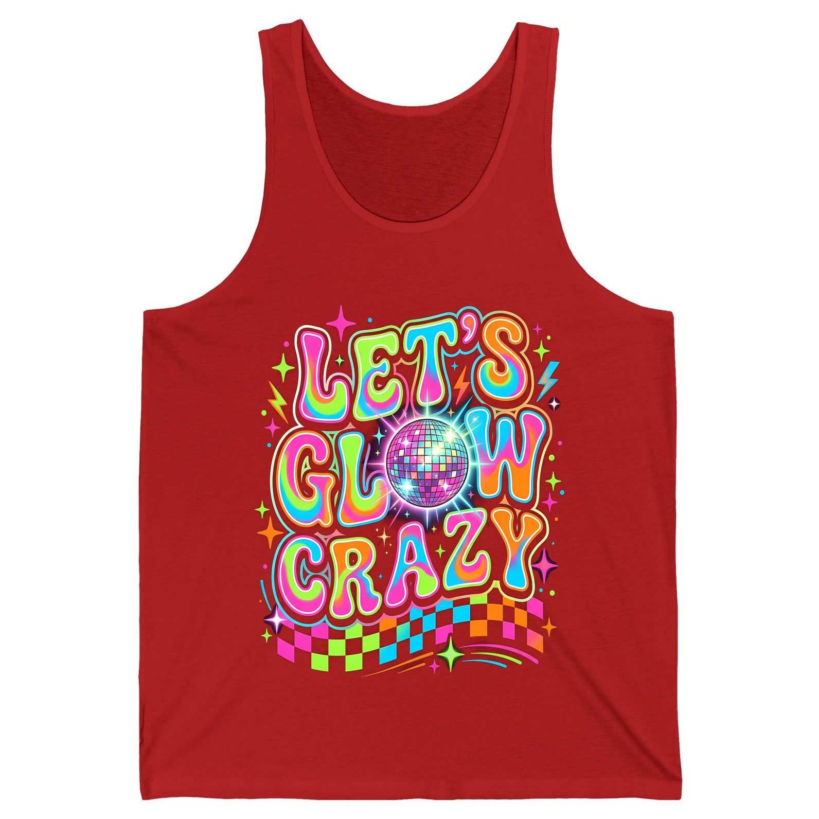 Let's Glow Crazy Retro Party Tank Top - product mockup - Red