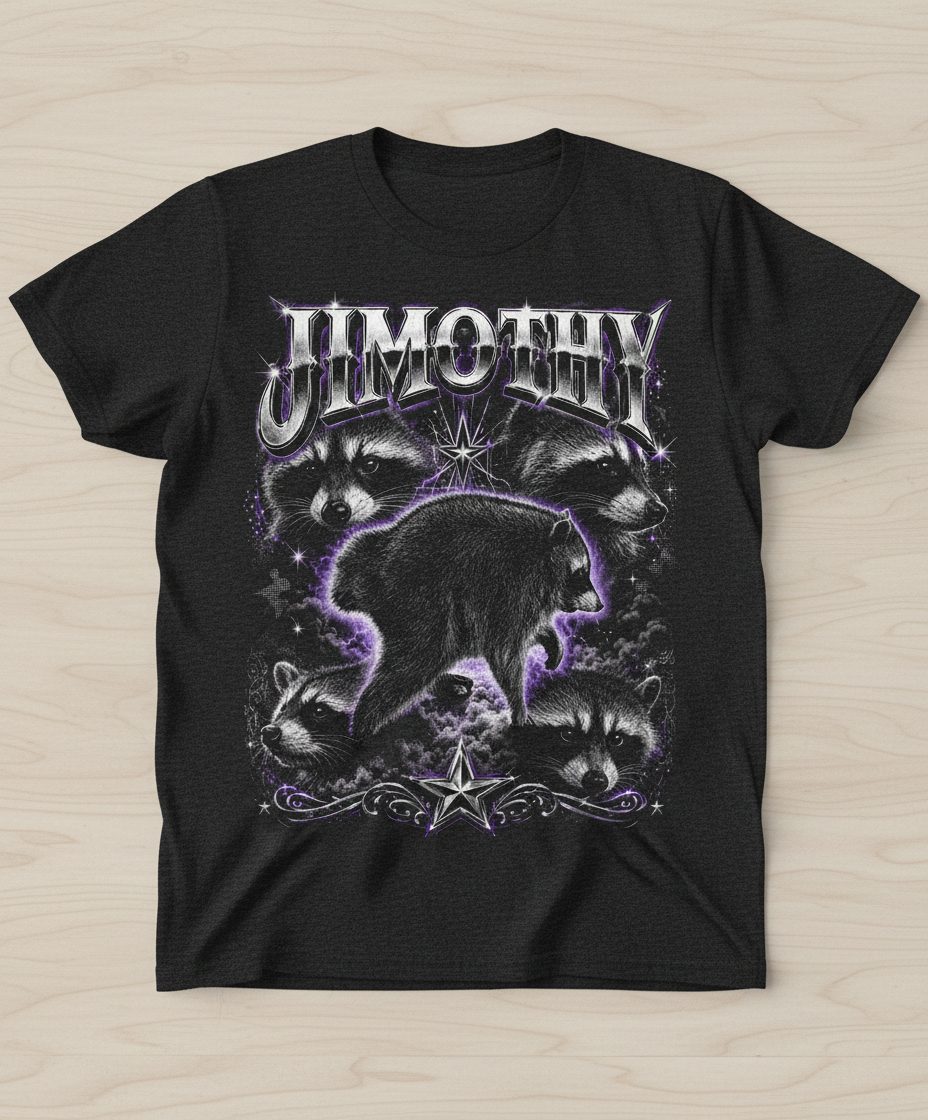 Jimothy Funny Raccoon T-Shirt - product mockup - Dark Heather