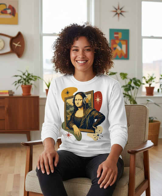 Retro Mona Lisa with Headphones Funny Art Lovers Long Sleeve Tee - lifestyle model mockup - White