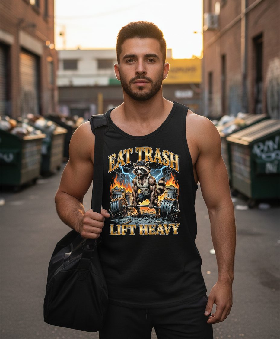 Eat Trash Lift Heavy raccoon Tank Top Black lifestyle mockup