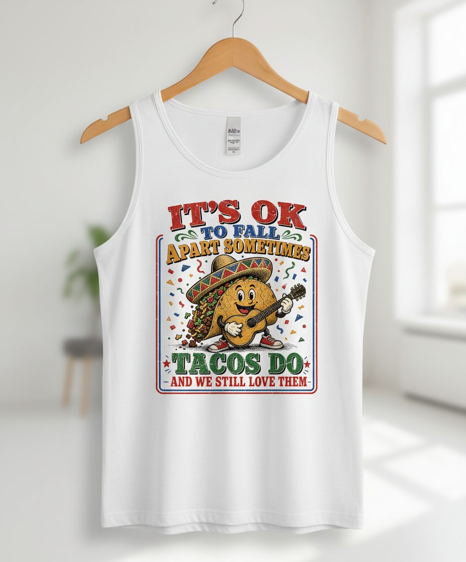 IT'S OK TO FALL APART Sometimes TACOS DO AND WE STILL LOVE Tank Top - product mockup - White