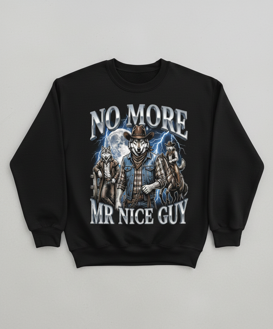 No More Mr Nice Guy Cowboy Wolf Sweatshirt - product mockup - Black