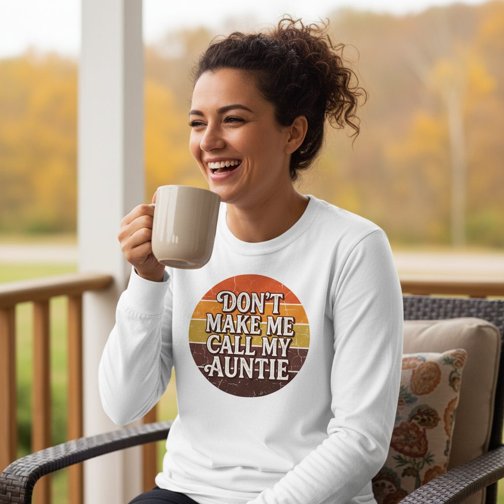 Don't Make Me Call My Auntie auntie Long Sleeve Tee White lifestyle mockup