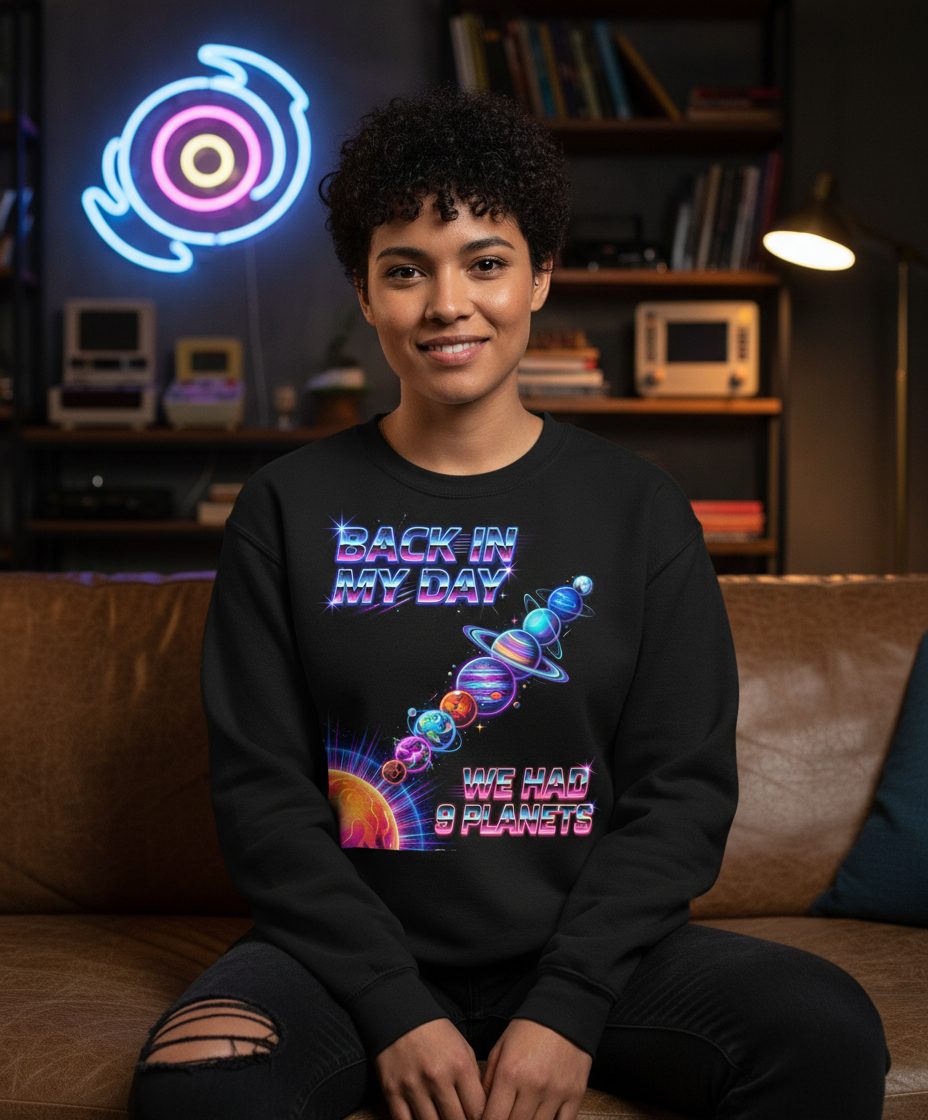 BACK IN MY DAY WE HAD 9 Planets Funny Solar System Sweatshirt - lifestyle model mockup - Black