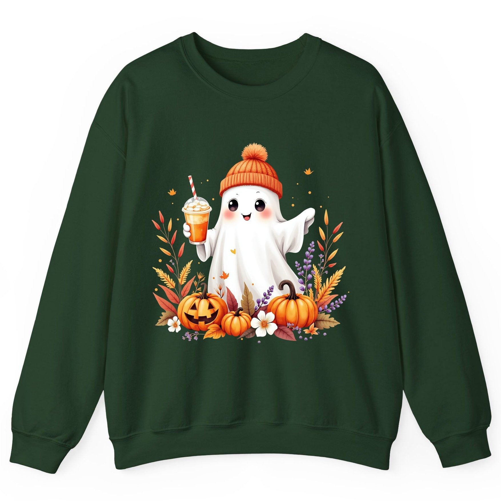 Cute Ghost Pumpkin Spice Latte cute Halloween ghost Sweatshirt Forest Green product mockup