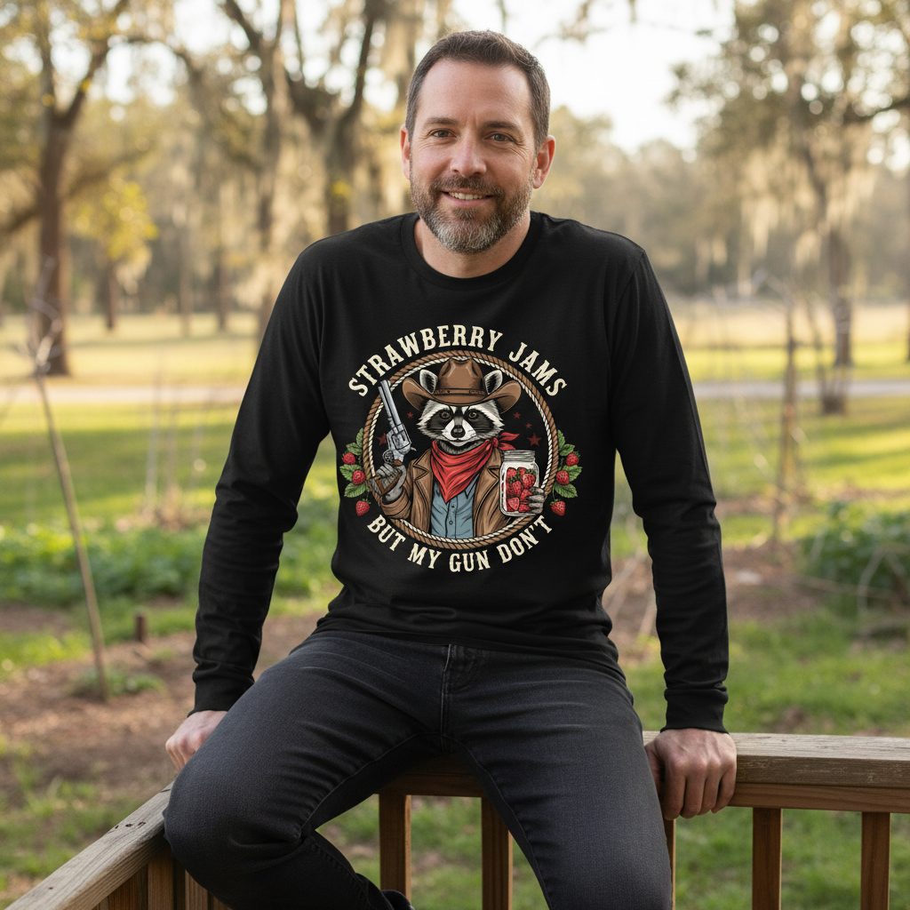 Strawberry Jams but My Gun Don't cowboy raccoon Long Sleeve Tee Black lifestyle mockup