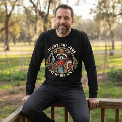 Strawberry Jams but My Gun Don't cowboy raccoon Long Sleeve Tee Black lifestyle mockup