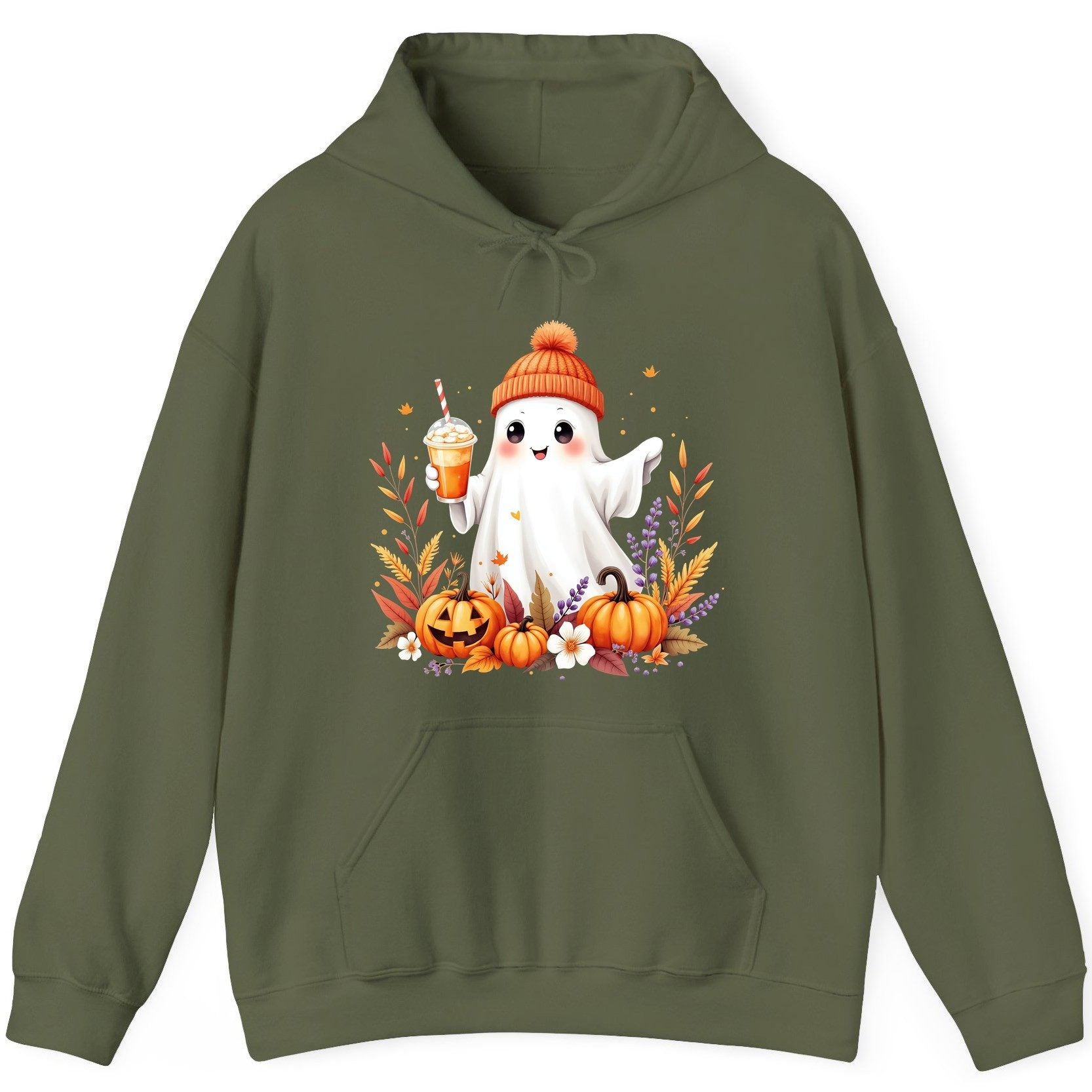 Cute Ghost Pumpkin Spice Latte cute Halloween ghost Hoodie Military Green product mockup