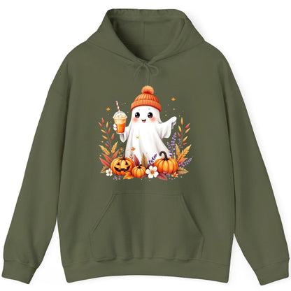 Cute Ghost Pumpkin Spice Latte cute Halloween ghost Hoodie Military Green product mockup