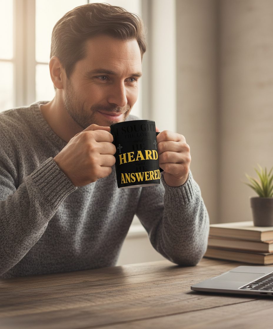 I SOUGHT THE LORD and HE HEARD and HE Answered Black Mug - lifestyle model mockup - Black