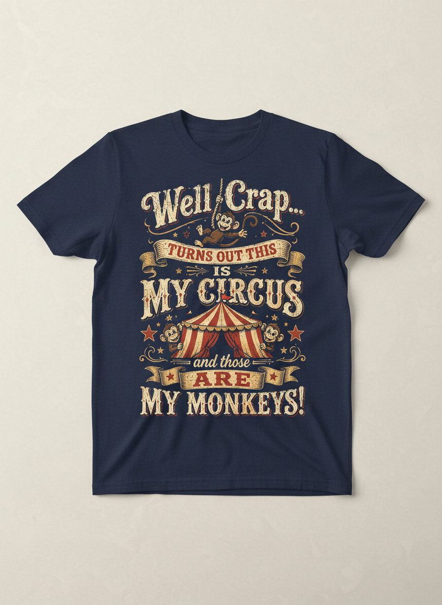 Well Crap Turns Out This Is MY CIRCUS and Those Are MY Monkeys T-Shirt - product mockup - Navy