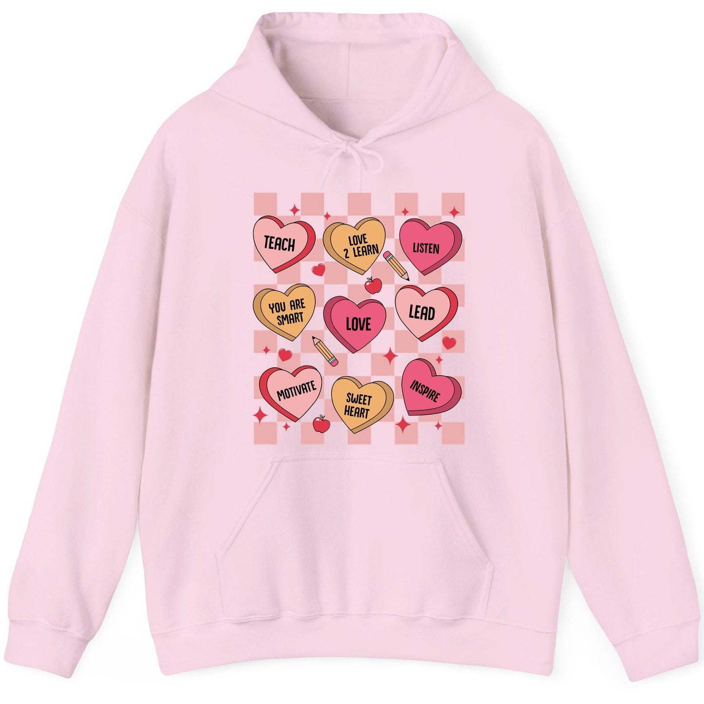 Inspirational Teacher Conversation Hearts teacher appreciation Hoodie Light Pink product mockup