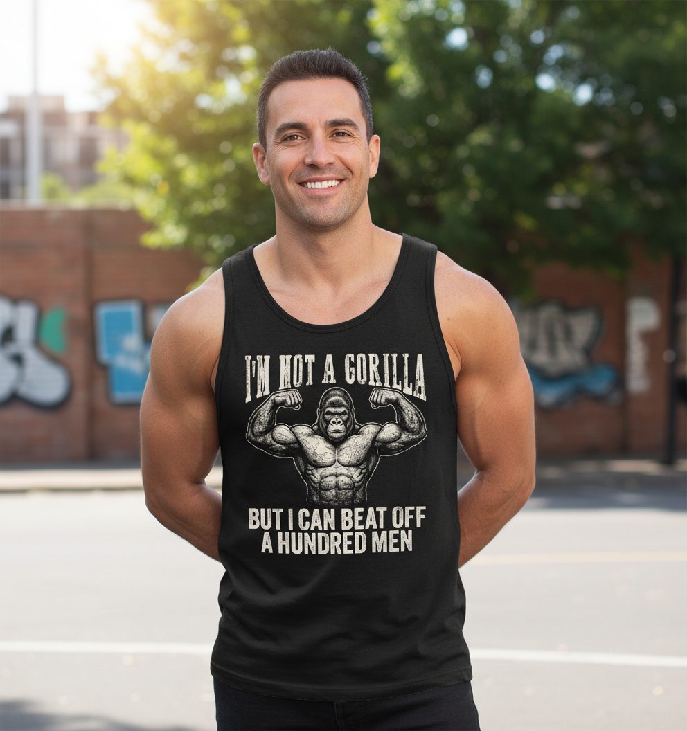 I'm Not a Gorilla but I Can Beat Off a Hundred Men gorilla Tank Top Black lifestyle mockup
