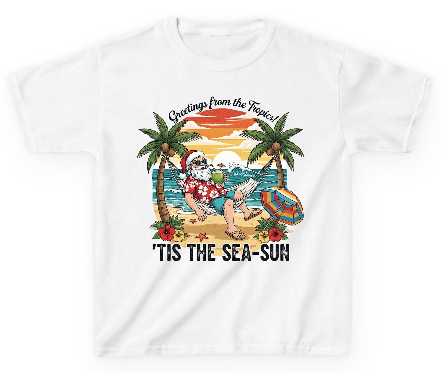 Greetings from the Tropics 'Tis the Sea-Sun santa claus on a tropical vacation Youth T-Shirt White product mockup