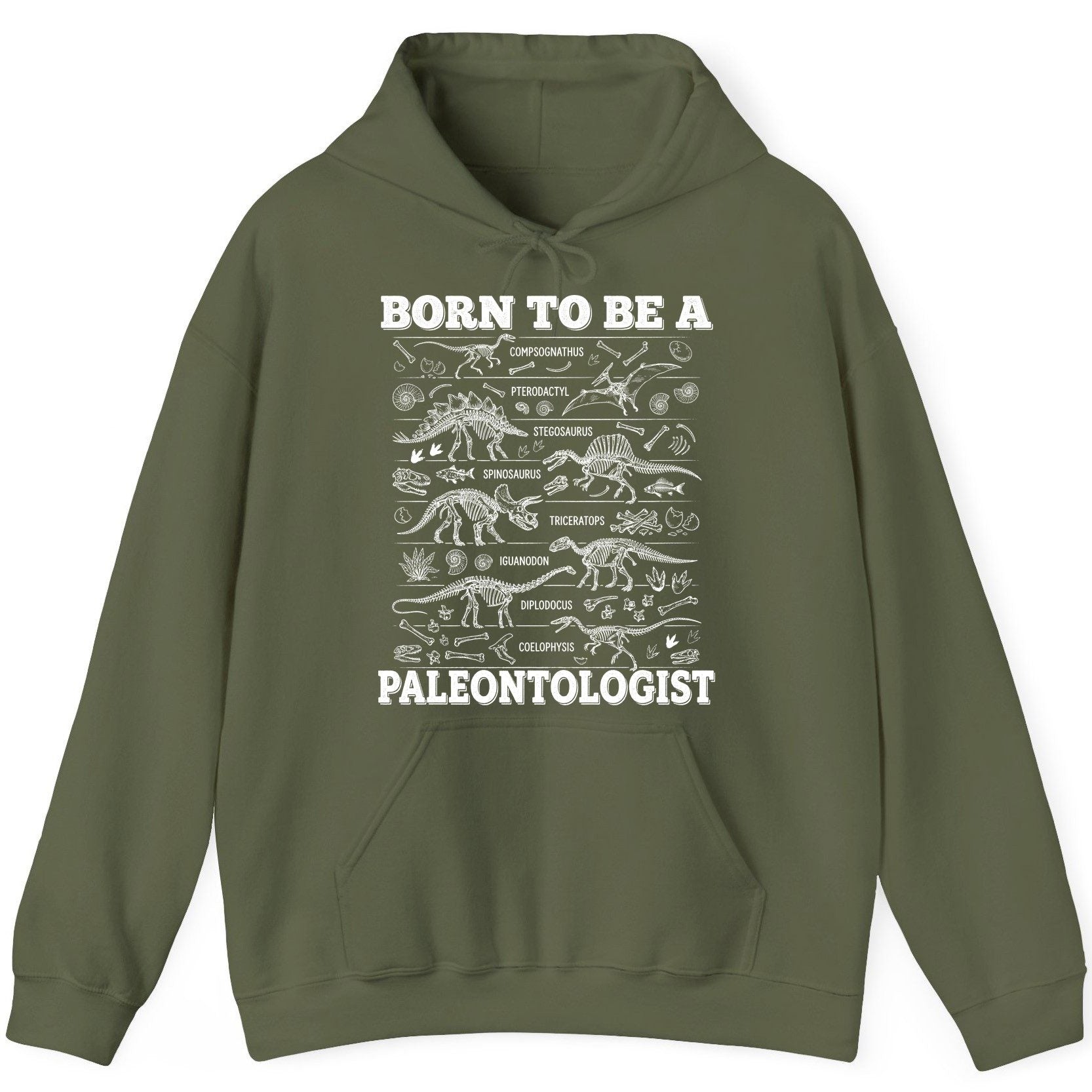 Born to Be a Paleontologist dinosaur skeletons Hoodie Military Green product mockup