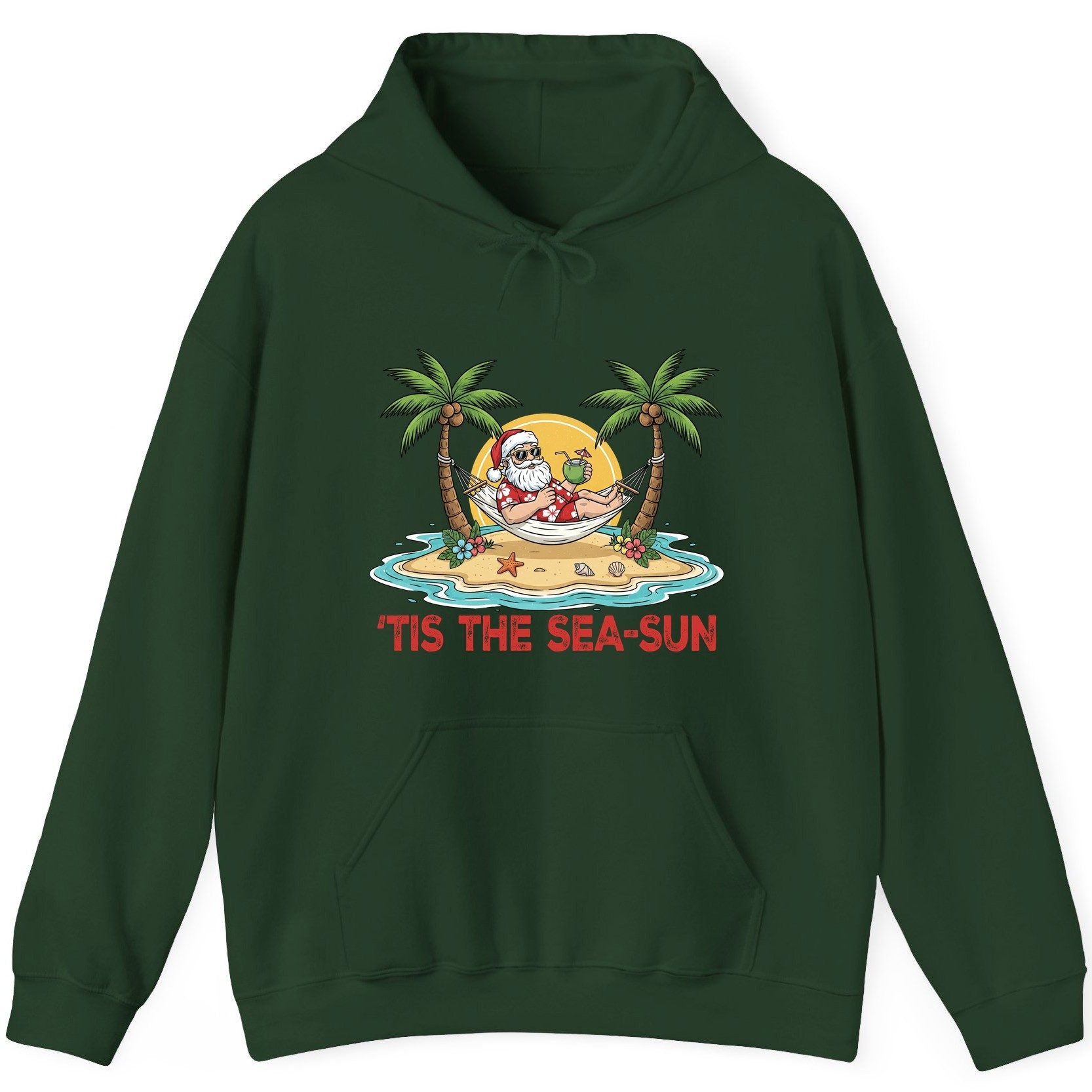 'Tis the Sea-Sun santa claus on a tropical vacation Hoodie Forest Green product mockup