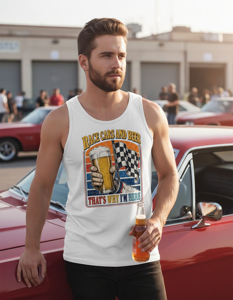 Race Cars and Beer That's Why I'm Here Funny Racing Tank Top - lifestyle model mockup - White