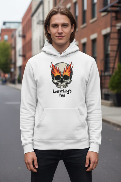 Everything's Fine flaming skull Hoodie White lifestyle mockup
