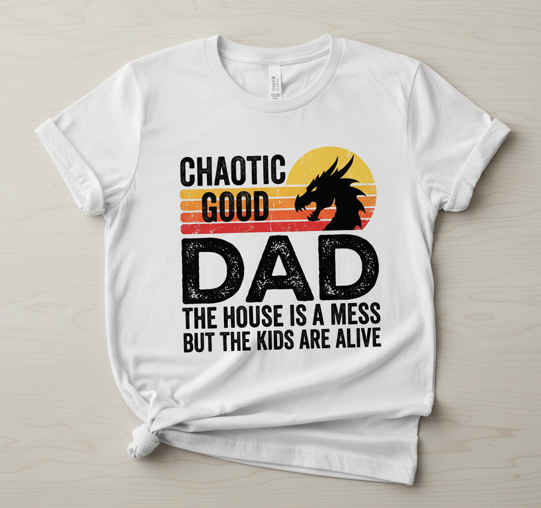 CHAOTIC GOOD DAD THE HOUSE IS A MESS BUT THE KIDS ARE ALIVE Funny Chaotic Good Dad Dragon T-Shirt - product mockup - White