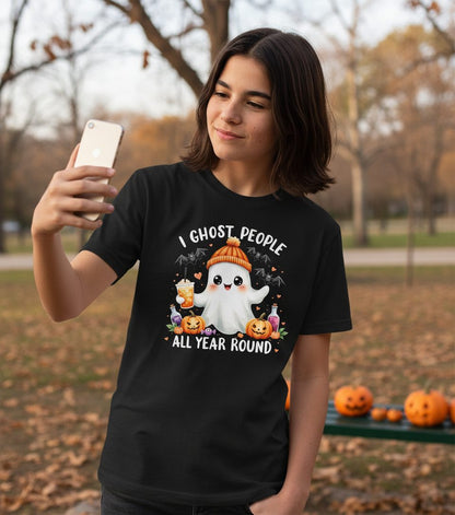 I Ghost People All Year Round cute ghost Youth T-Shirt Black lifestyle mockup
