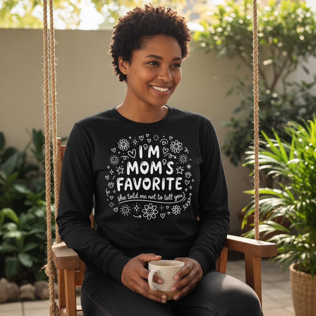 I'm Mom's Favorite (She Told Me Not to Tell You) family humor Long Sleeve Tee Black lifestyle mockup