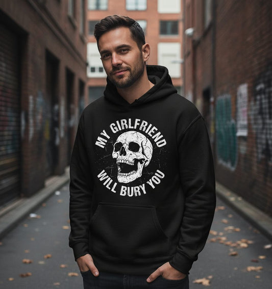 My Girlfriend Will Bury You skull Hoodie Black lifestyle mockup