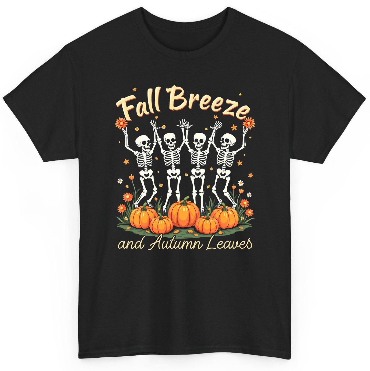 Fall Breeze and Autumn Leaves dancing skeletons T-Shirt Black product mockup
