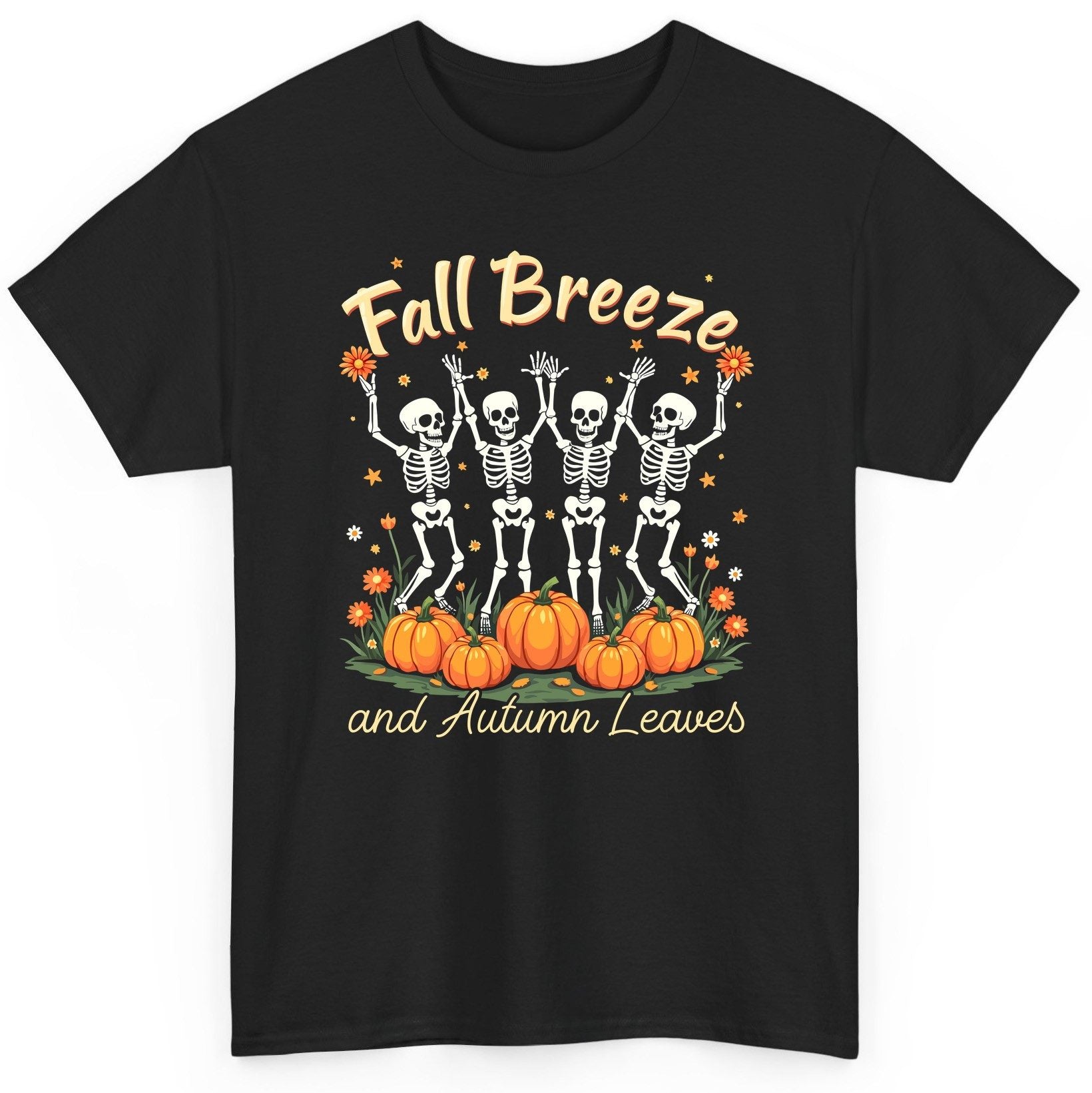 Fall Breeze and Autumn Leaves dancing skeletons T-Shirt Black product mockup
