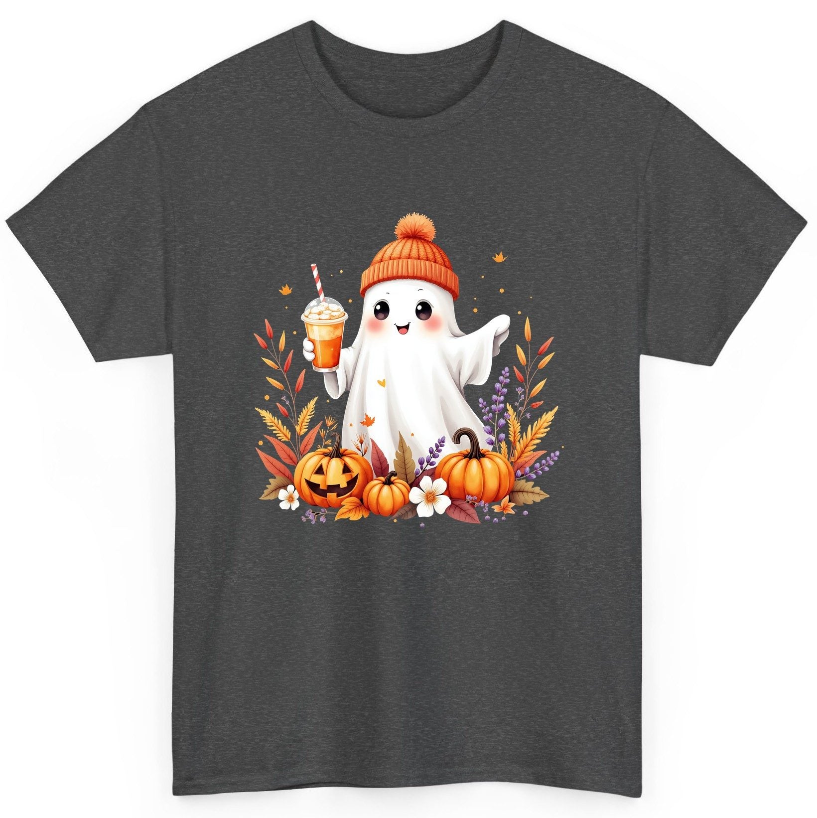 Cute Ghost Pumpkin Spice Latte cute Halloween ghost T-Shirt Dark Heather product mockup
