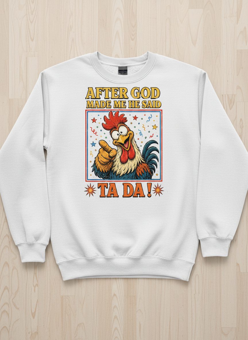 AFTER GOD MADE ME HE SAID TA DA Funny Rooster Sweatshirt - product mockup - White