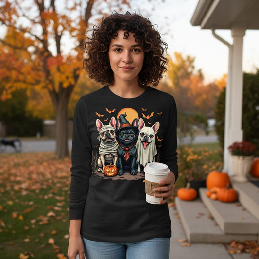 Halloween French Bulldogs Costumes french bulldogs Long Sleeve Tee Black lifestyle mockup