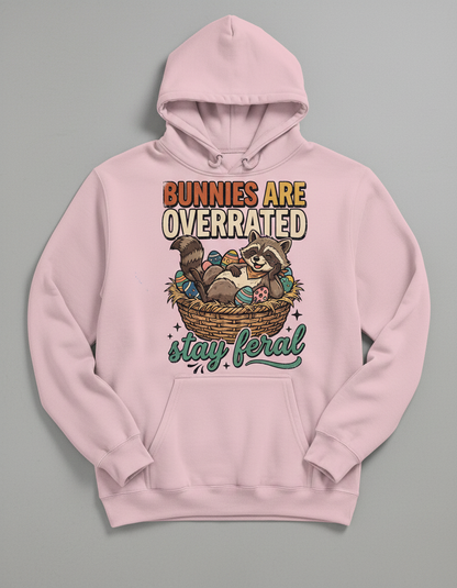 Bunnies Are Overrated Stay Feral Raccoon Easter Design Hoodie - Light Pink