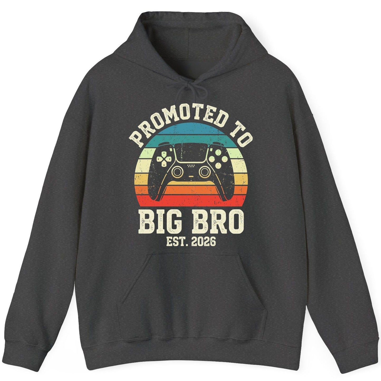 Promoted TO BIG BRO EST 2026 Retro Gaming Hoodie - product mockup - Dark Heather
