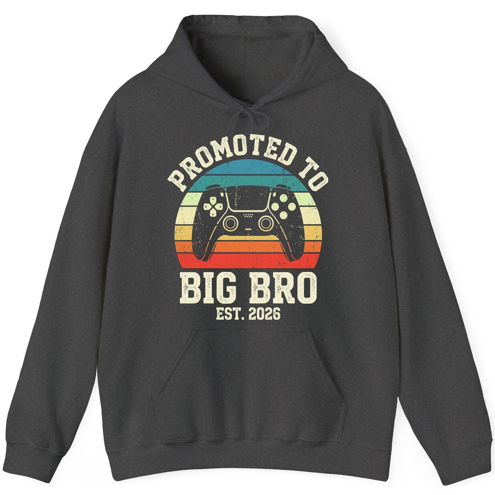 Promoted TO BIG BRO EST 2026 Retro Gaming Hoodie - product mockup - Dark Heather