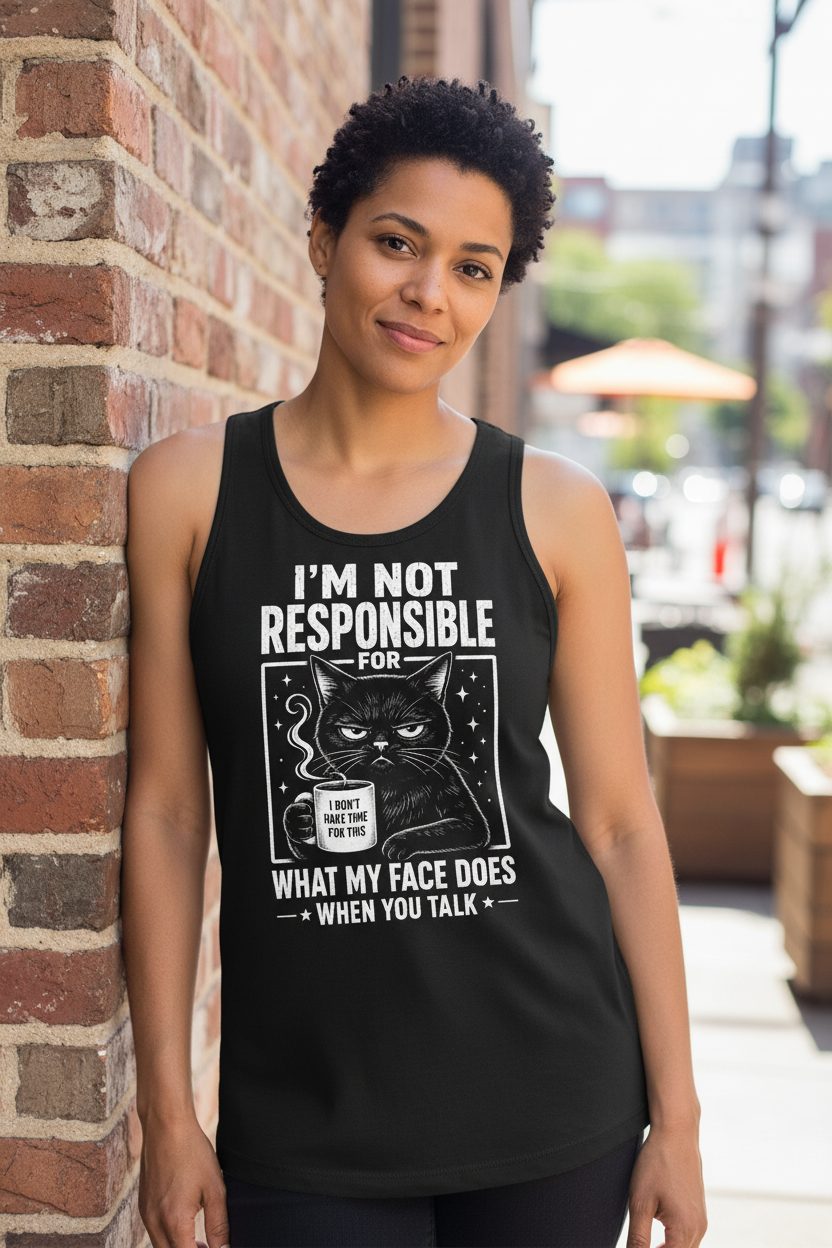 I'm Not Responsible for What My Face Does When You Talk Funny Sarcastic Cat Tank Top - lifestyle model mockup - Black