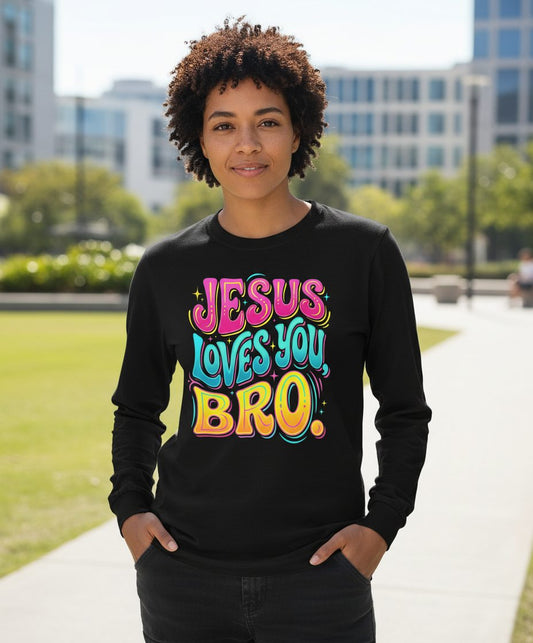 JESUS LOVES YOU BRO Retro Christian Long Sleeve Tee - lifestyle model mockup - Black