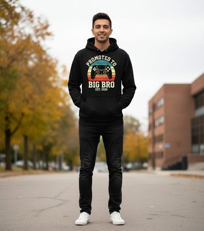 Promoted TO BIG BRO EST 2026 Retro Gaming Hoodie - lifestyle model mockup - Black
