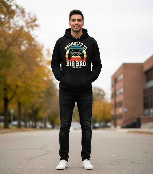 Promoted TO BIG BRO EST 2026 Retro Gaming Hoodie - lifestyle model mockup - Black