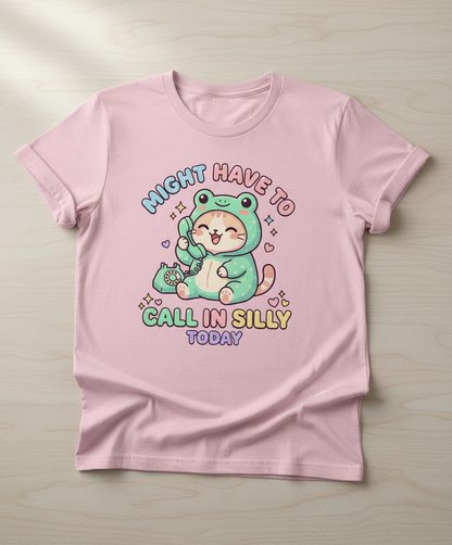 Kawaii Cat in Frog Costume Might Have To Call In Silly Today T-Shirt - Light Pink