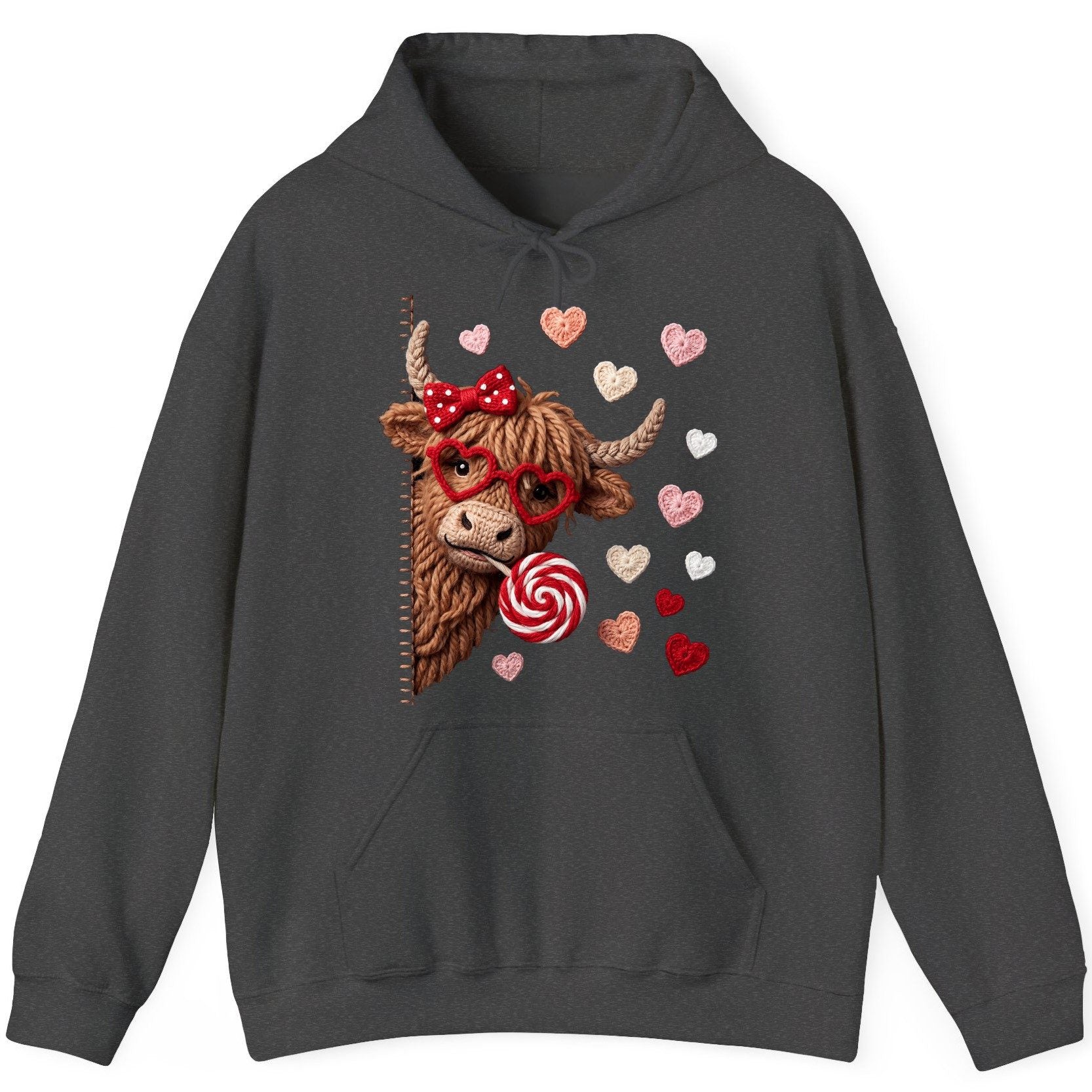 Crochet Valentine's Highland Cow highland cow Hoodie Dark Heather product mockup