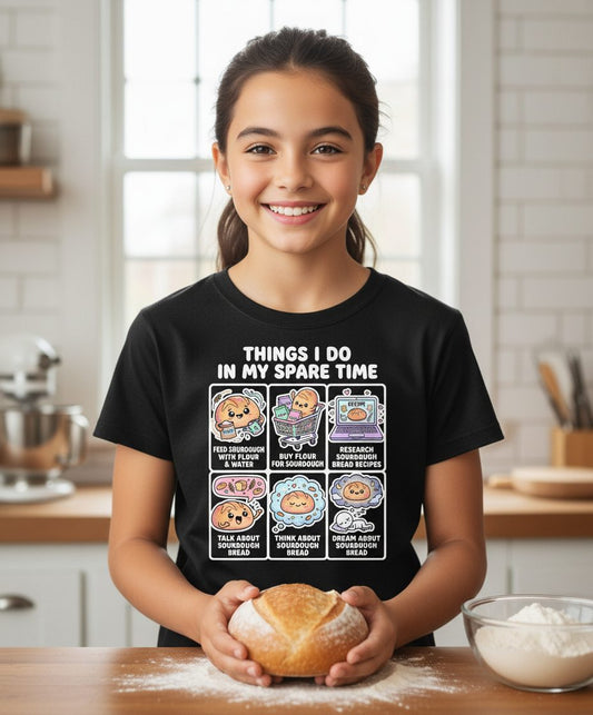Things I Do in My Spare Time sourdough bread baking Youth T-Shirt Black lifestyle mockup