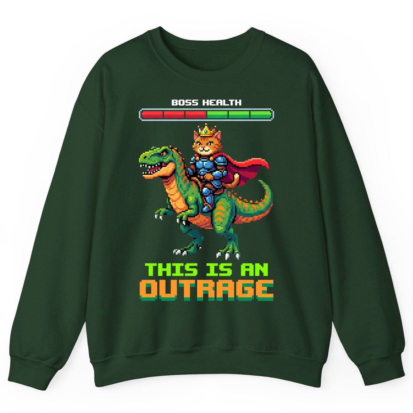 THIS IS AN OUTRAGE Cat riding a dinosaur Sweatshirt Forest Green product mockup