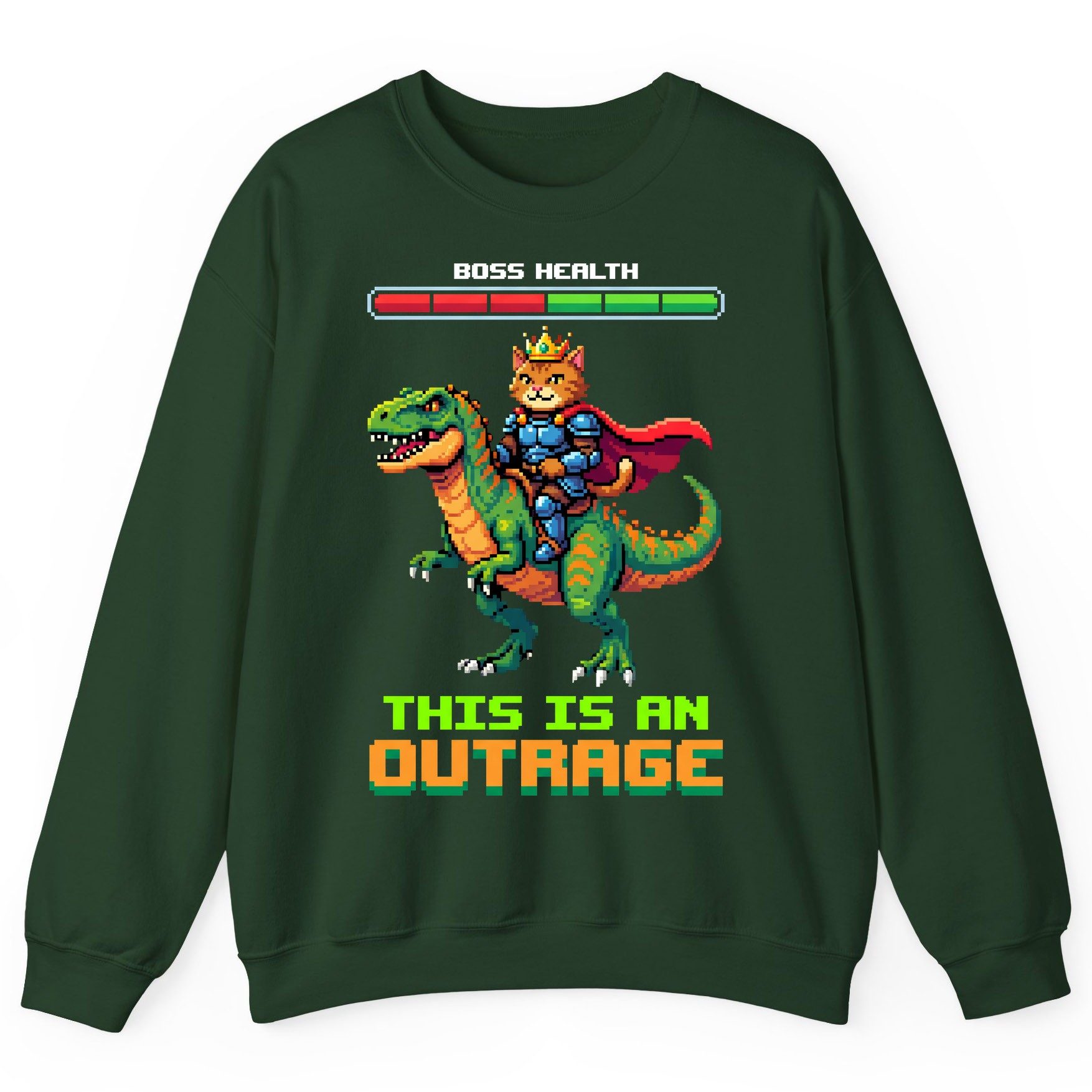 THIS IS AN OUTRAGE Cat riding a dinosaur Sweatshirt Forest Green product mockup