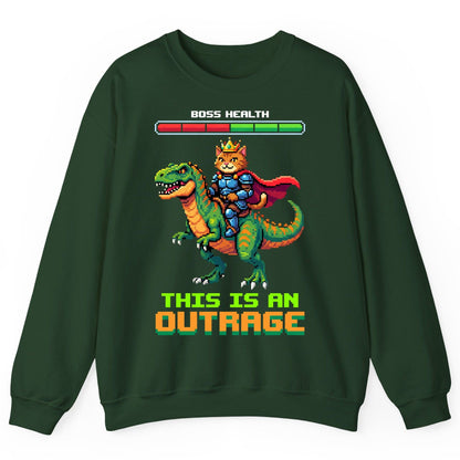 THIS IS AN OUTRAGE Cat riding a dinosaur Sweatshirt Forest Green product mockup