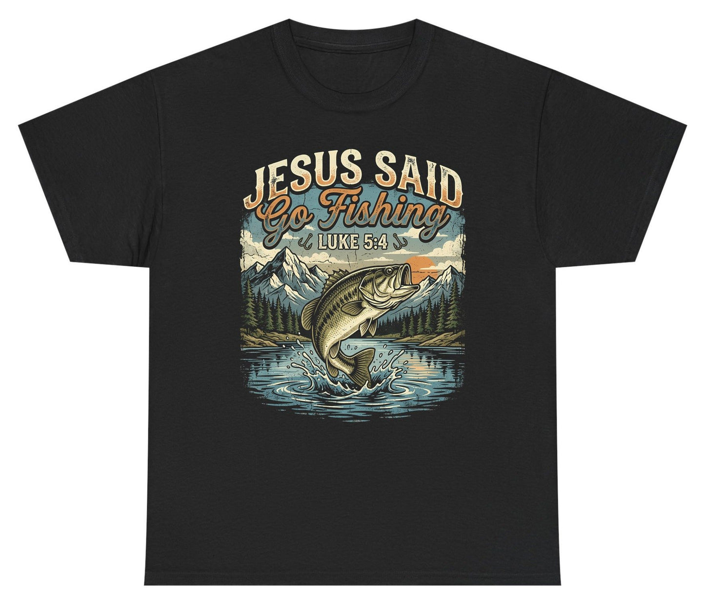 JESUS SAID Go Fishing LUKE 5 4 Retro Christian Youth T-Shirt - product mockup - Black