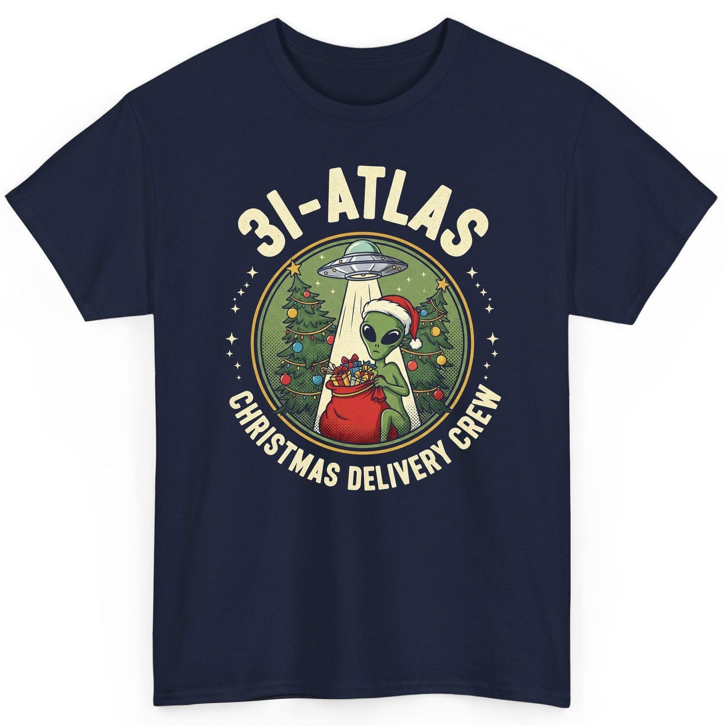 31-Atlas Christmas Delivery Crew alien Christmas T-Shirt Navy product mockup