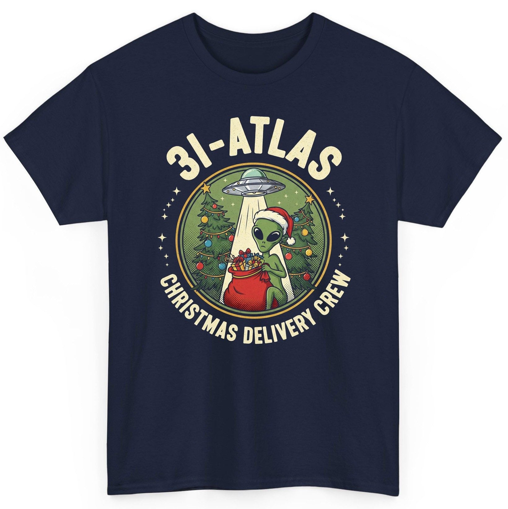 31-Atlas Christmas Delivery Crew alien Christmas T-Shirt Navy product mockup