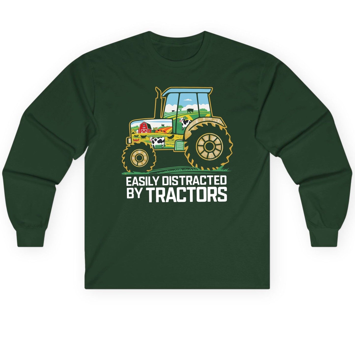 Easily Distracted by Tractors farming Long Sleeve Tee Forest Green product mockup
