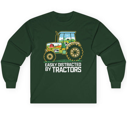 Easily Distracted by Tractors farming Long Sleeve Tee Forest Green product mockup